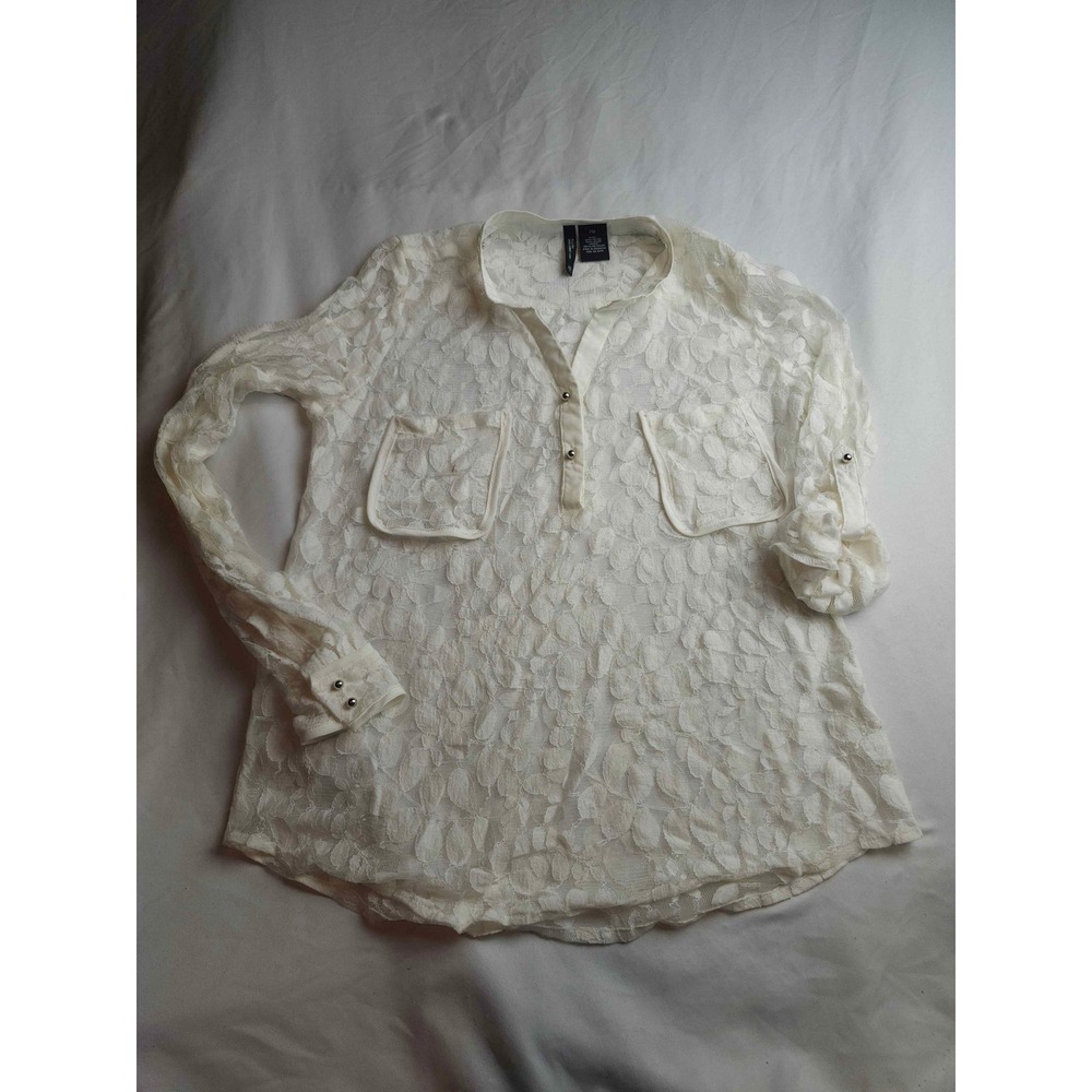 New Directions Petite White Floral Lace Roll Tab Sleeve Blouse Womens PM